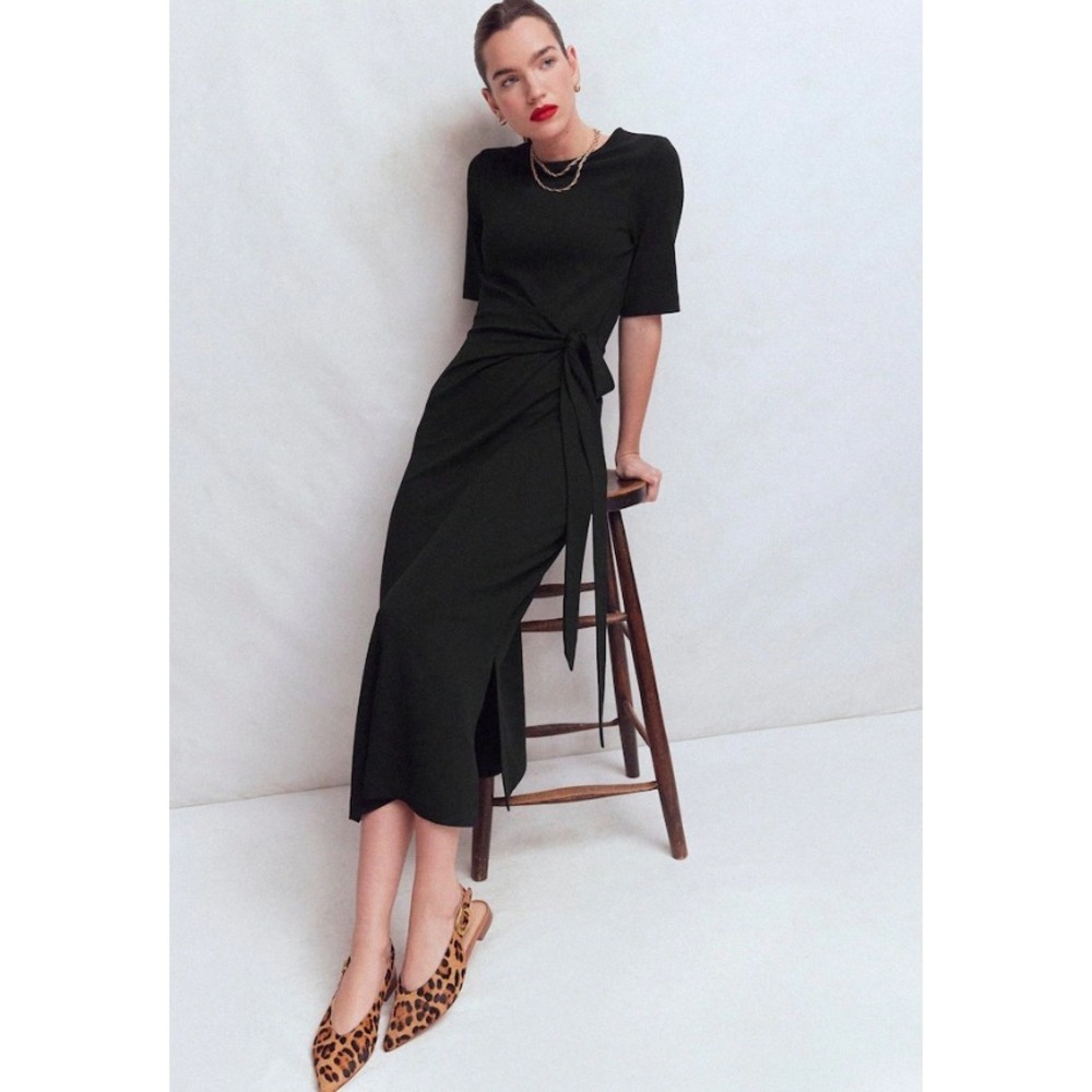 Boden Zinnia Ponte Jersey Dress Black Tie Waist Short Sleeve Wrap Maxi NWT Sz 8P
